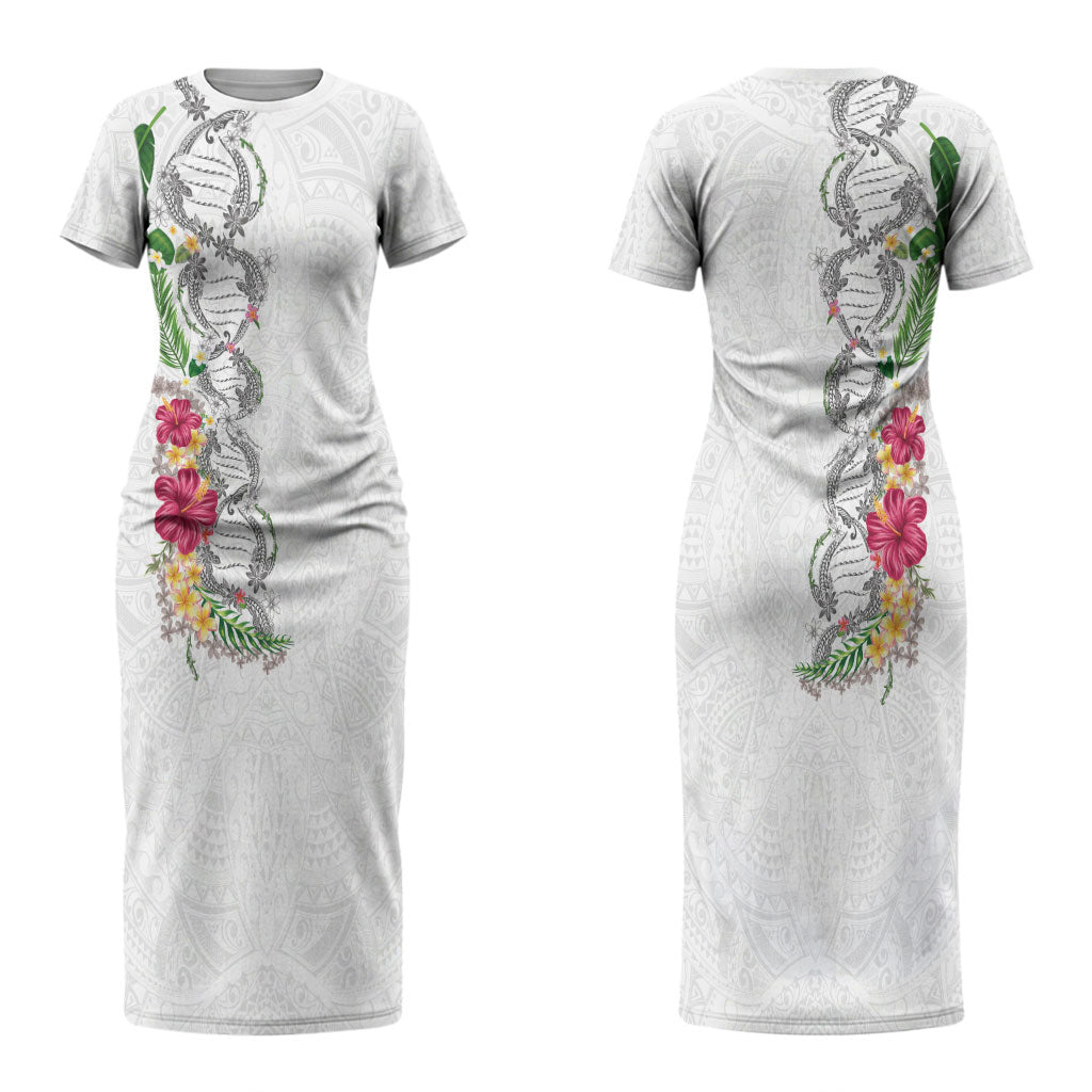 Hawaii DNA Kakau Tattoo Family Matching Short Sleeve Bodycon Dress and Hawaiian Shirt with Plumeria and Hibiscus Tropical Plants White Color