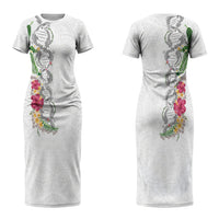 Hawaii DNA Kakau Tattoo Family Matching Short Sleeve Bodycon Dress and Hawaiian Shirt with Plumeria and Hibiscus Tropical Plants White Color