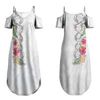 Hawaii DNA Kakau Tattoo Family Matching Summer Maxi Dress and Hawaiian Shirt with Plumeria and Hibiscus Tropical Plants White Color