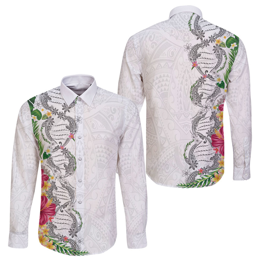 Hawaii DNA Kakau Tattoo Family Matching Summer Maxi Dress and Hawaiian Shirt with Plumeria and Hibiscus Tropical Plants White Color