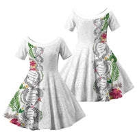 Hawaii DNA Kakau Tattoo Family Matching Summer Maxi Dress and Hawaiian Shirt with Plumeria and Hibiscus Tropical Plants White Color