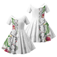 Hawaii DNA Kakau Tattoo Family Matching Tank Maxi Dress and Hawaiian Shirt with Plumeria and Hibiscus Tropical Plants White Color