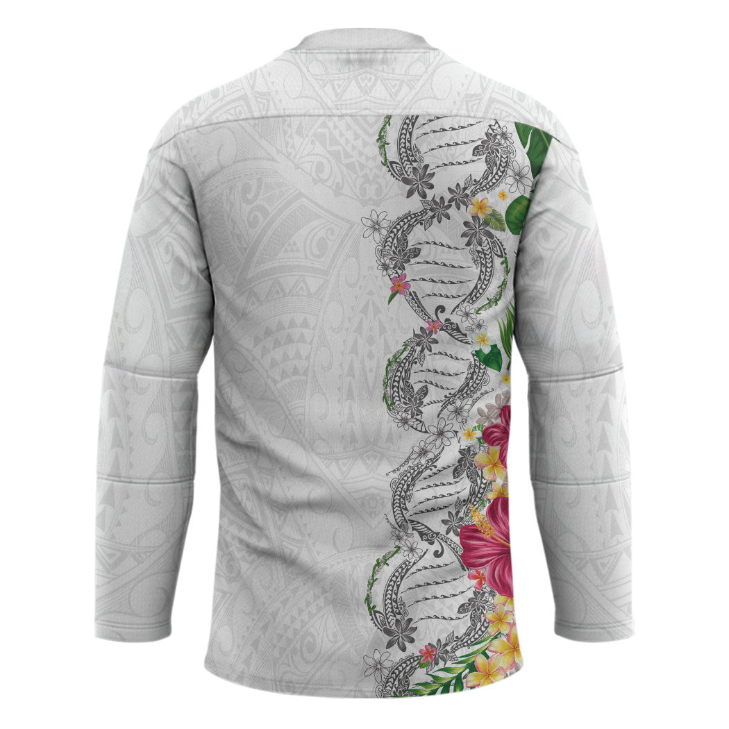 Hawaii DNA Kakau Tattoo Hockey Jersey with Plumeria and Hibiscus Tropical Plants White Color