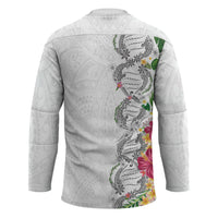 Hawaii DNA Kakau Tattoo Hockey Jersey with Plumeria and Hibiscus Tropical Plants White Color