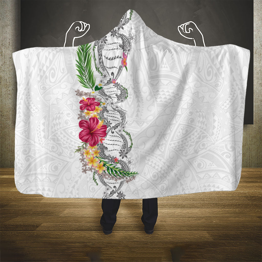 Hawaii DNA Kakau Tattoo Hooded Blanket with Plumeria and Hibiscus Tropical Plants White Color
