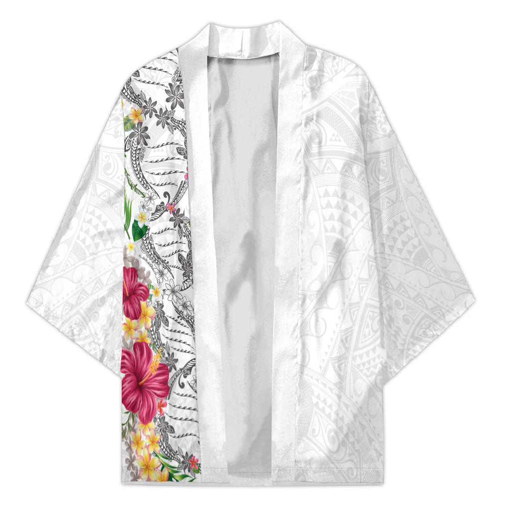 Hawaii DNA Kakau Tattoo Kimono with Plumeria and Hibiscus Tropical Plants White Color