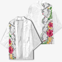 Hawaii DNA Kakau Tattoo Kimono with Plumeria and Hibiscus Tropical Plants White Color
