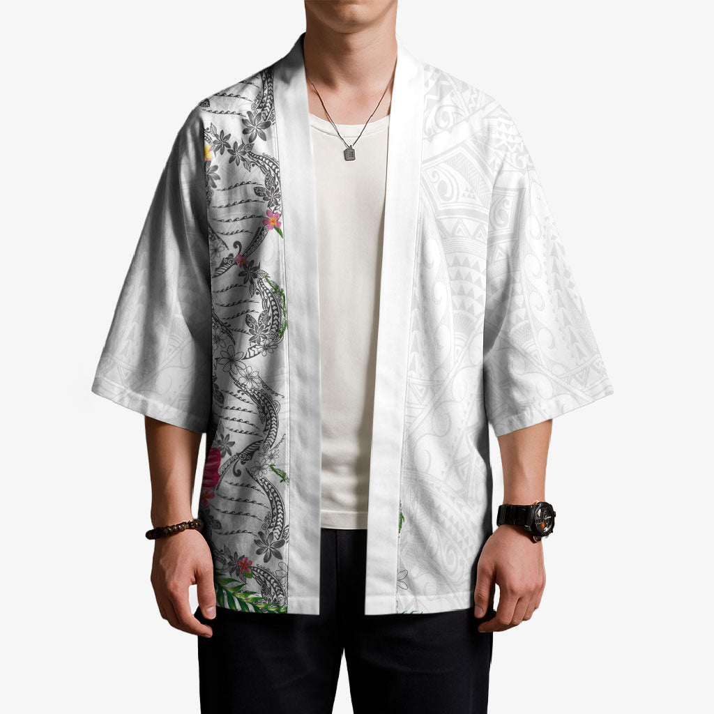Hawaii DNA Kakau Tattoo Kimono with Plumeria and Hibiscus Tropical Plants White Color