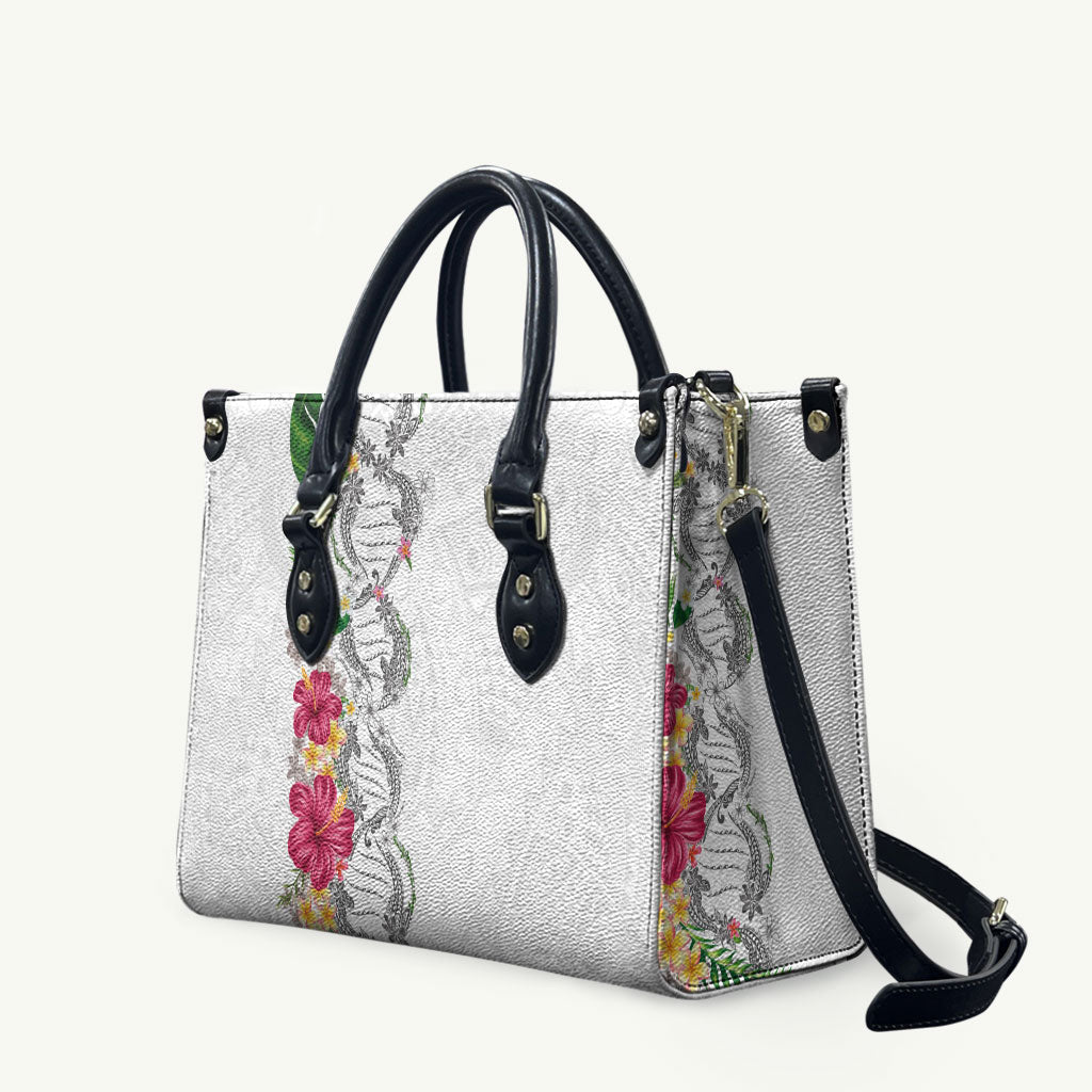 Hawaii DNA Kakau Tattoo Leather Bag with Plumeria and Hibiscus Tropical Plants White Color