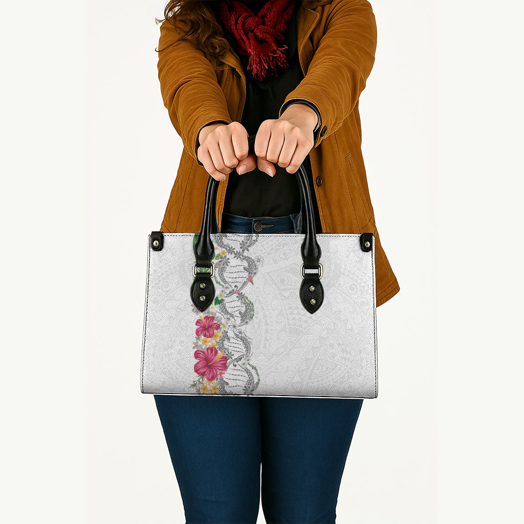 Hawaii DNA Kakau Tattoo Leather Bag with Plumeria and Hibiscus Tropical Plants White Color