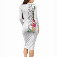 Hawaii DNA Kakau Tattoo Long Sleeve Bodycon Dress with Plumeria and Hibiscus Tropical Plants White Color