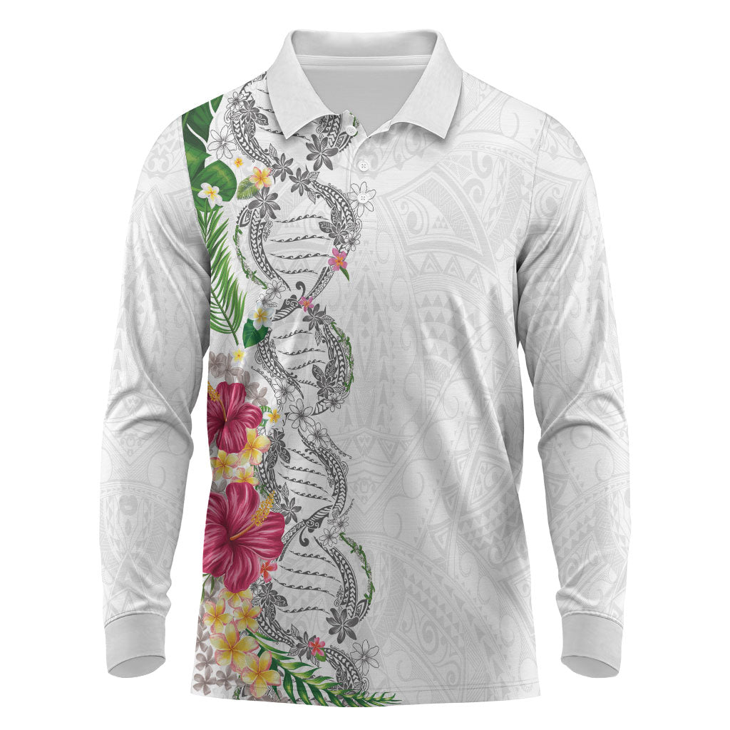 Hawaii DNA Kakau Tattoo Long Sleeve Polo Shirt with Plumeria and Hibiscus Tropical Plants White Color