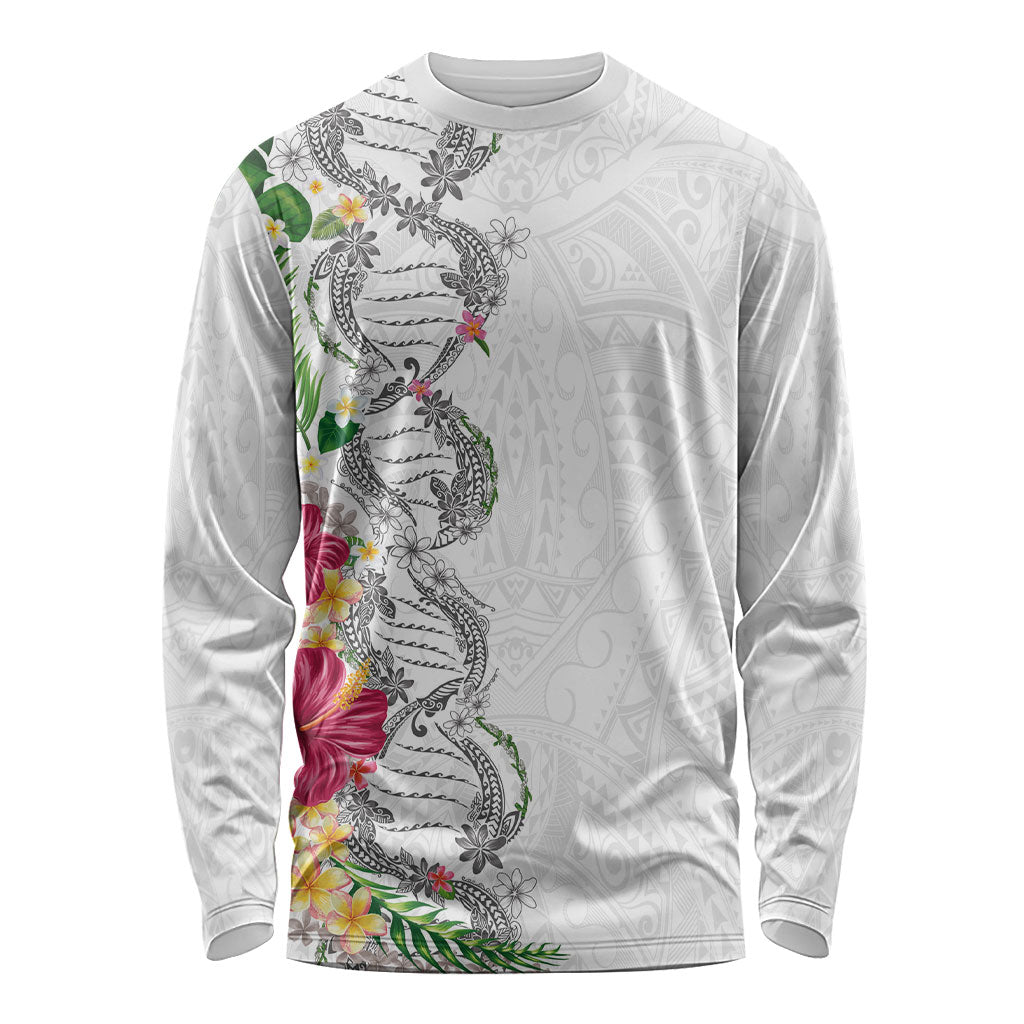 Hawaii DNA Kakau Tattoo Long Sleeve Shirt with Plumeria and Hibiscus Tropical Plants White Color LT03 Unisex White - Polynesian Pride