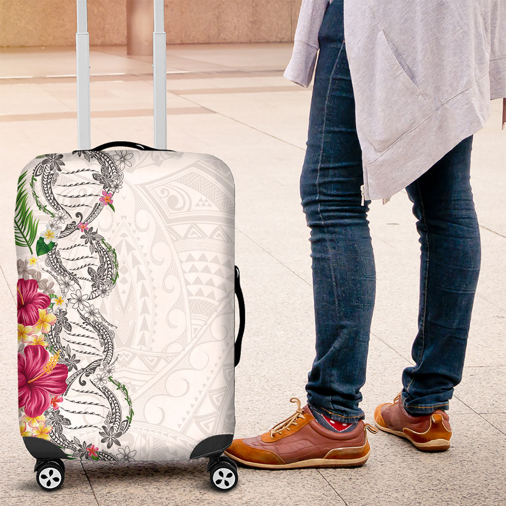 Hawaii DNA Kakau Tattoo Luggage Cover with Plumeria and Hibiscus Tropical Plants White Color