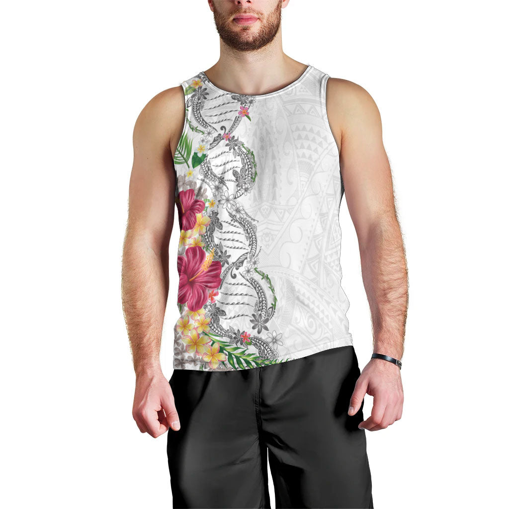 Hawaii DNA Kakau Tattoo Men Tank Top with Plumeria and Hibiscus Tropical Plants White Color