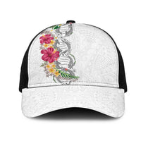 Hawaii DNA Kakau Tattoo Mesh Trucker Cap with Plumeria and Hibiscus Tropical Plants White Color