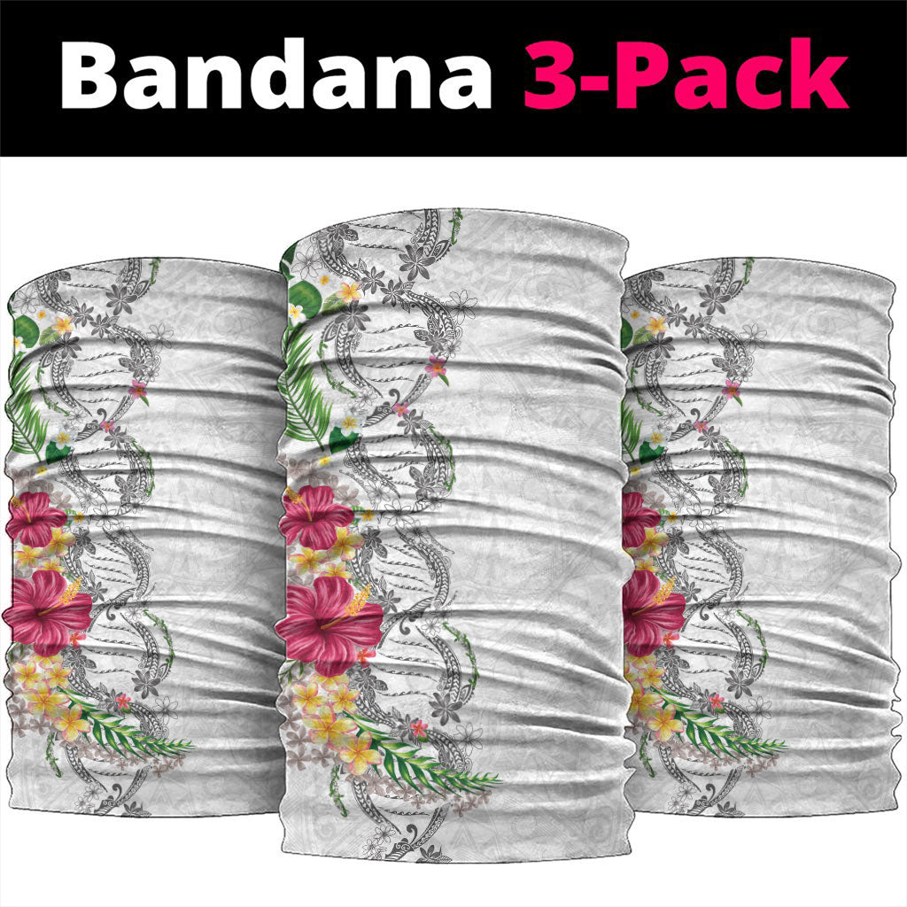 Hawaii DNA Kakau Tattoo Neck Gaiter with Plumeria and Hibiscus Tropical Plants White Color
