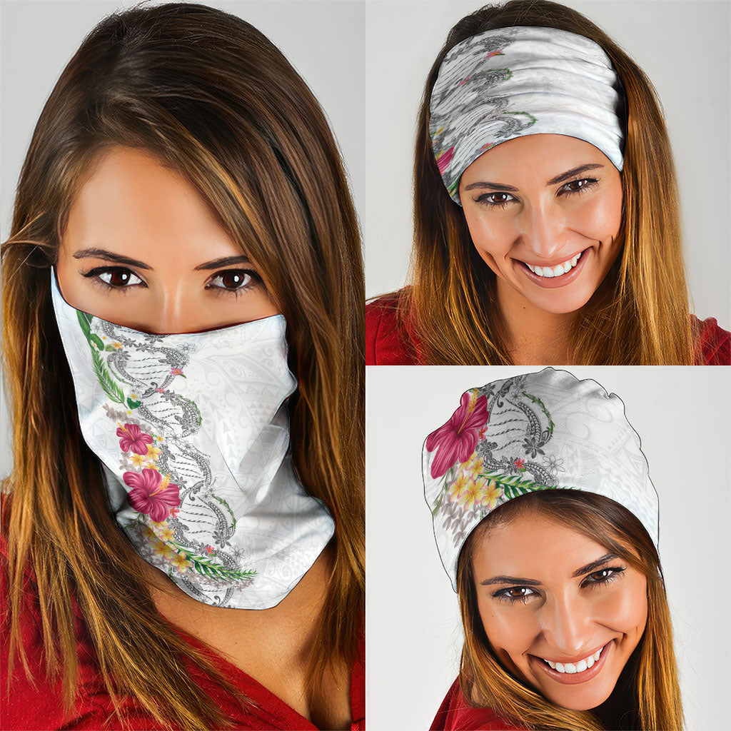 Hawaii DNA Kakau Tattoo Neck Gaiter with Plumeria and Hibiscus Tropical Plants White Color