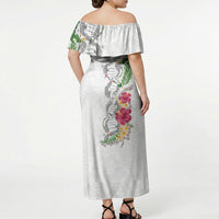 Hawaii DNA Kakau Tattoo Off Shoulder Maxi Dress with Plumeria and Hibiscus Tropical Plants White Color