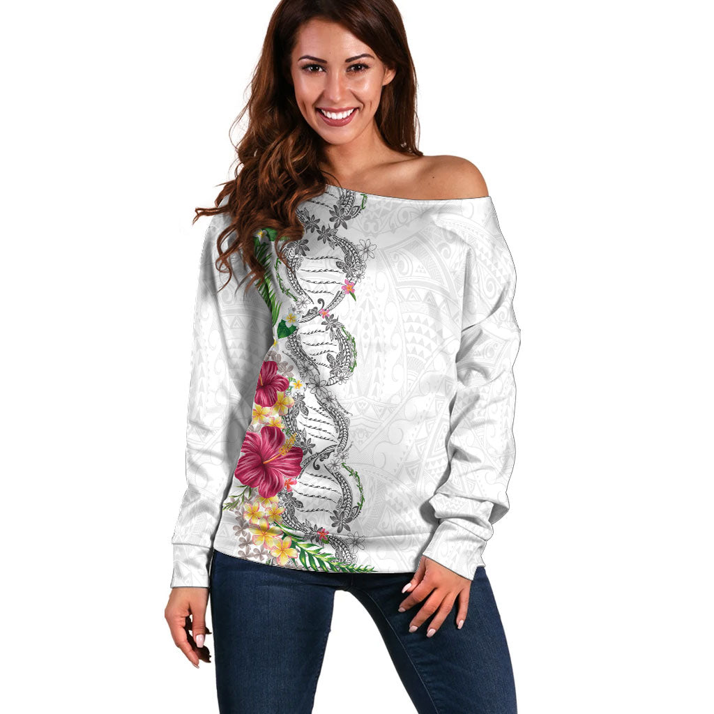 Hawaii DNA Kakau Tattoo Off Shoulder Sweater with Plumeria and Hibiscus Tropical Plants White Color