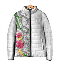 Hawaii DNA Kakau Tattoo Padded Jacket with Plumeria and Hibiscus Tropical Plants White Color