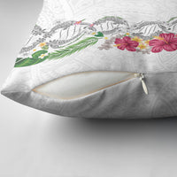 Hawaii DNA Kakau Tattoo Pillow Cover with Plumeria and Hibiscus Tropical Plants White Color