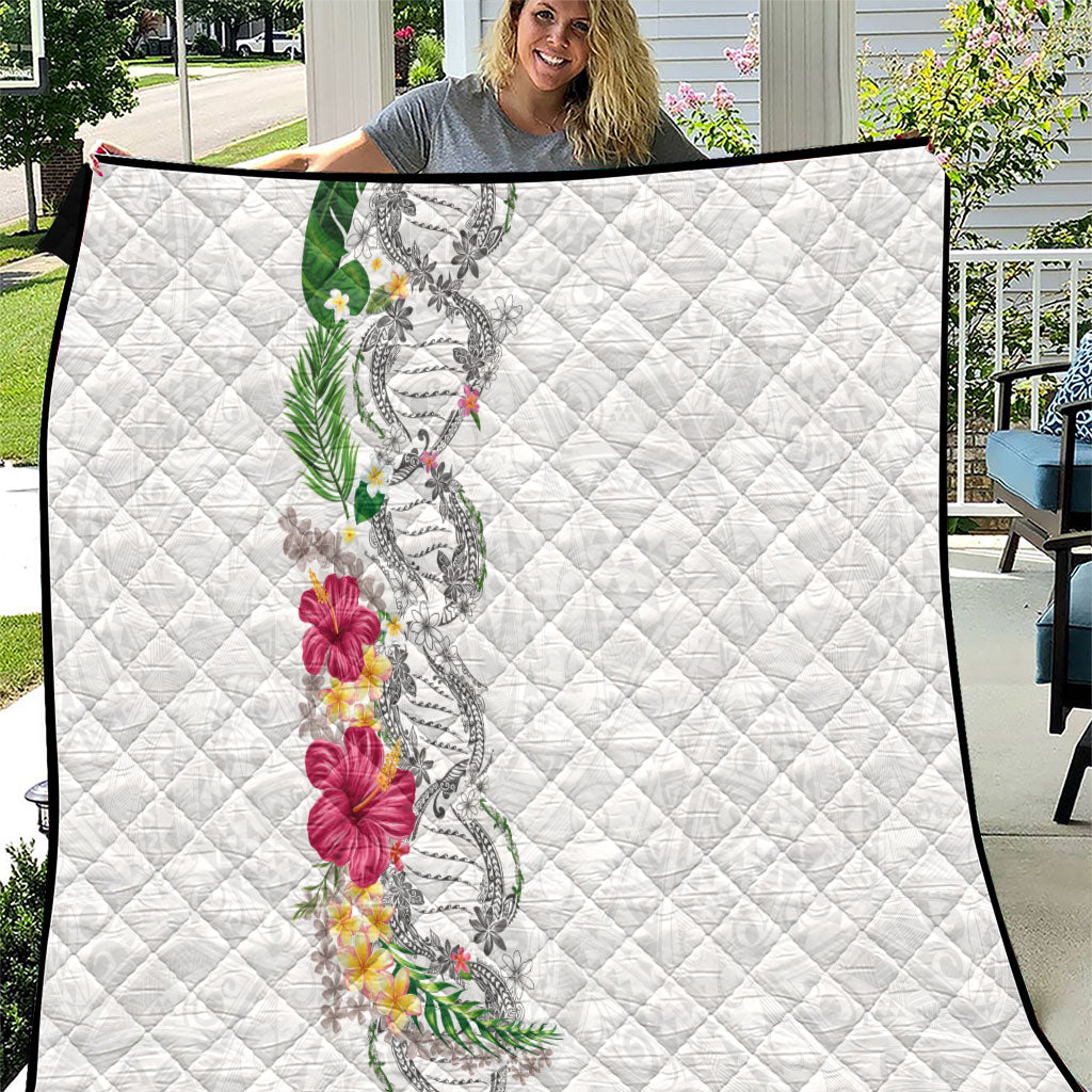 Hawaii DNA Kakau Tattoo Quilt with Plumeria and Hibiscus Tropical Plants White Color