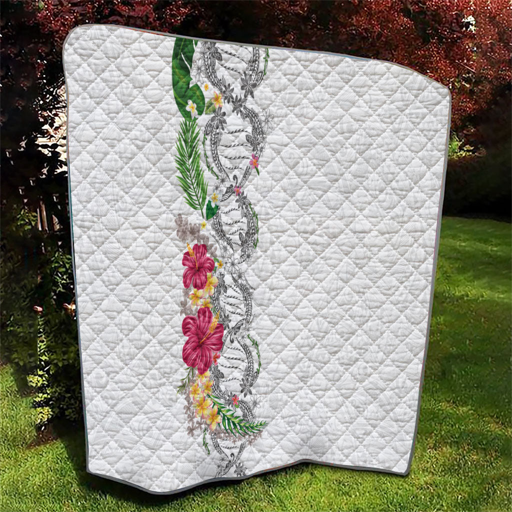 Hawaii DNA Kakau Tattoo Quilt with Plumeria and Hibiscus Tropical Plants White Color