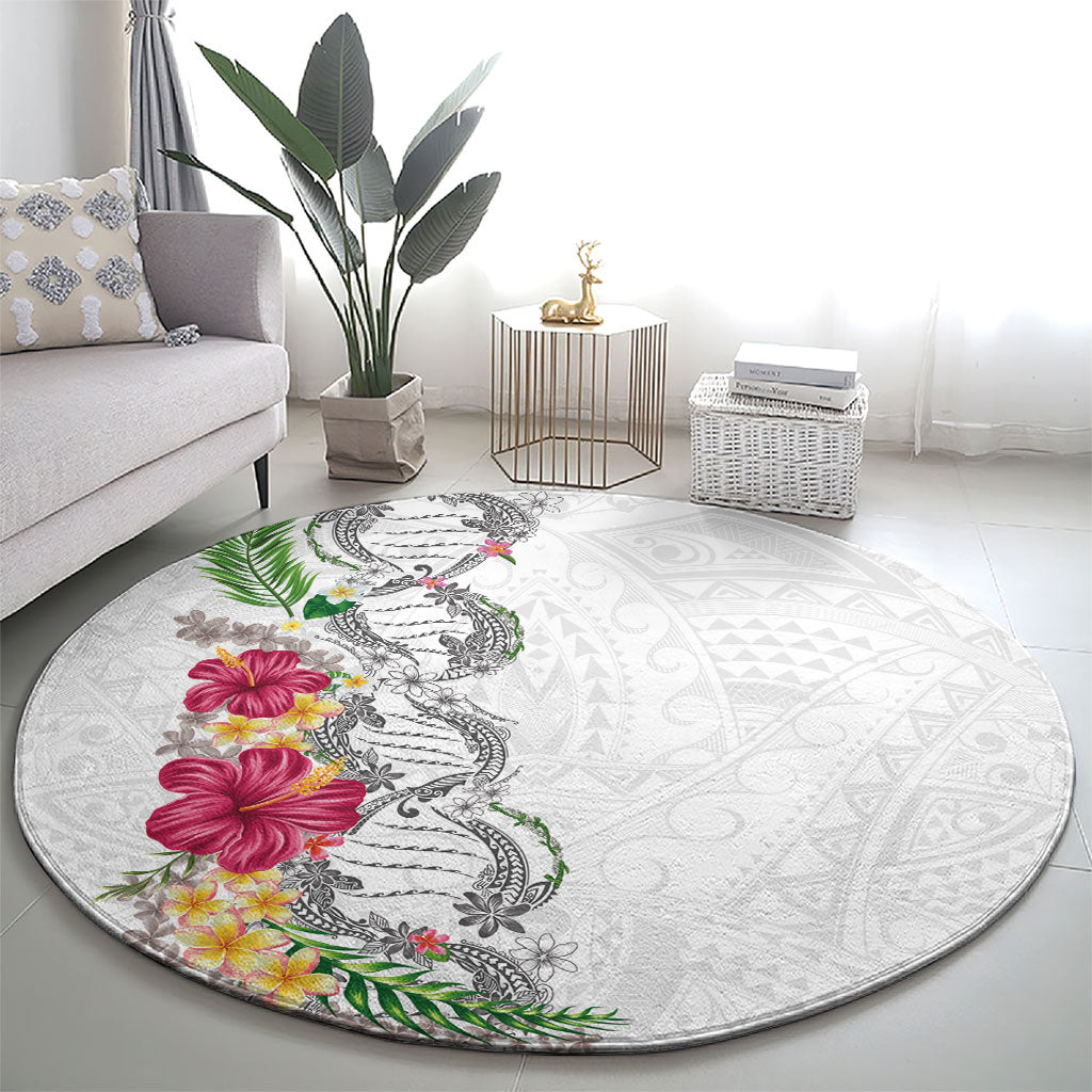 Hawaii DNA Kakau Tattoo Round Carpet with Plumeria and Hibiscus Tropical Plants White Color
