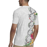 Hawaii DNA Kakau Tattoo Rugby Jersey with Plumeria and Hibiscus Tropical Plants White Color