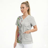 Hawaii DNA Kakau Tattoo Scrub Top with Plumeria and Hibiscus Tropical Plants White Color