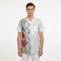 Hawaii DNA Kakau Tattoo Scrub Top with Plumeria and Hibiscus Tropical Plants White Color
