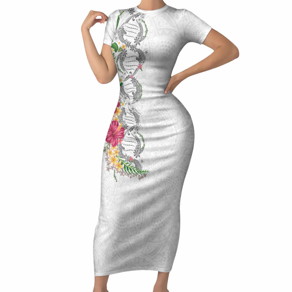Hawaii DNA Kakau Tattoo Short Sleeve Bodycon Dress with Plumeria and Hibiscus Tropical Plants White Color LT03 Long Dress White - Polynesian Pride