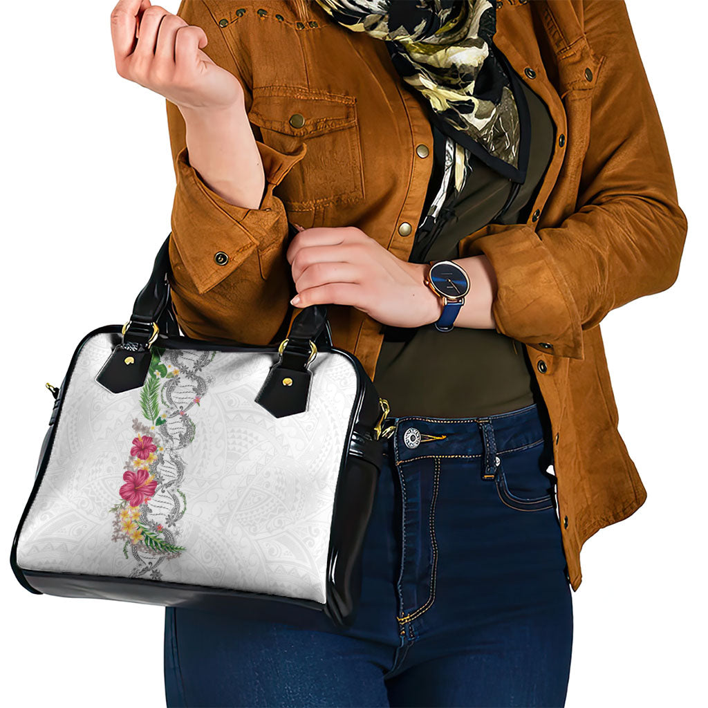 Hawaii DNA Kakau Tattoo Shoulder Handbag with Plumeria and Hibiscus Tropical Plants White Color