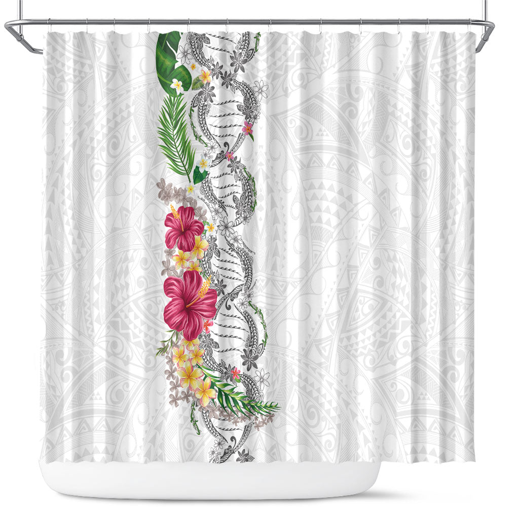 Hawaii DNA Kakau Tattoo Shower Curtain with Plumeria and Hibiscus Tropical Plants White Color