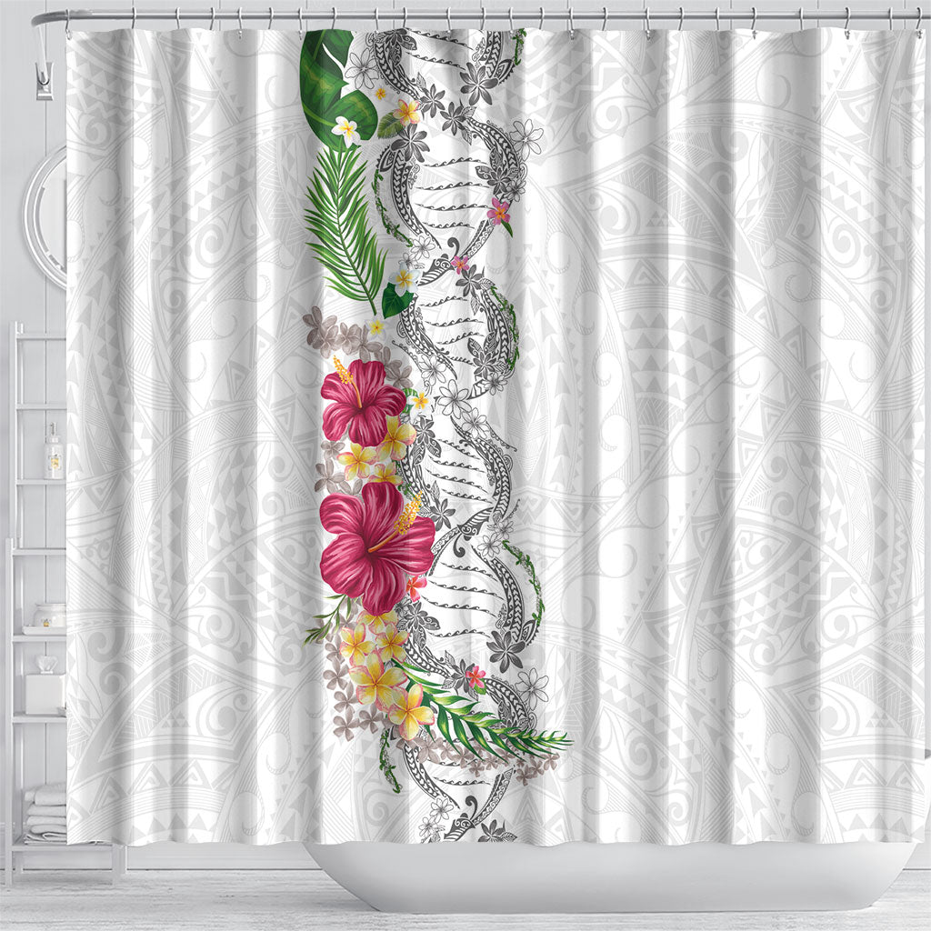 Hawaii DNA Kakau Tattoo Shower Curtain with Plumeria and Hibiscus Tropical Plants White Color