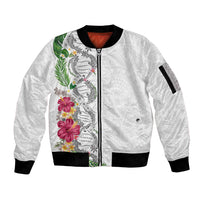 Hawaii DNA Kakau Tattoo Sleeve Zip Bomber Jacket with Plumeria and Hibiscus Tropical Plants White Color