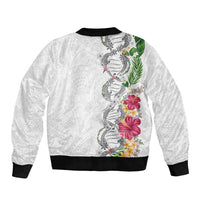 Hawaii DNA Kakau Tattoo Sleeve Zip Bomber Jacket with Plumeria and Hibiscus Tropical Plants White Color