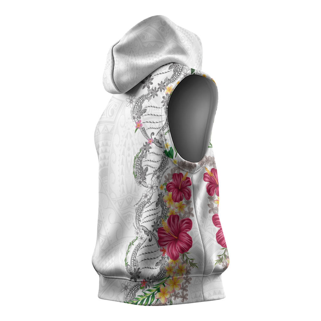 Hawaii DNA Kakau Tattoo Sleeveless Hoodie with Plumeria and Hibiscus Tropical Plants White Color