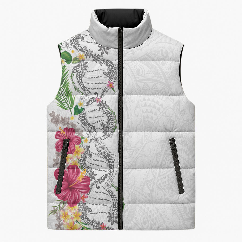 Hawaii DNA Kakau Tattoo Sleeveless Puffer Jacket with Plumeria and Hibiscus Tropical Plants White Color LT03 Unisex White - Polynesian Pride