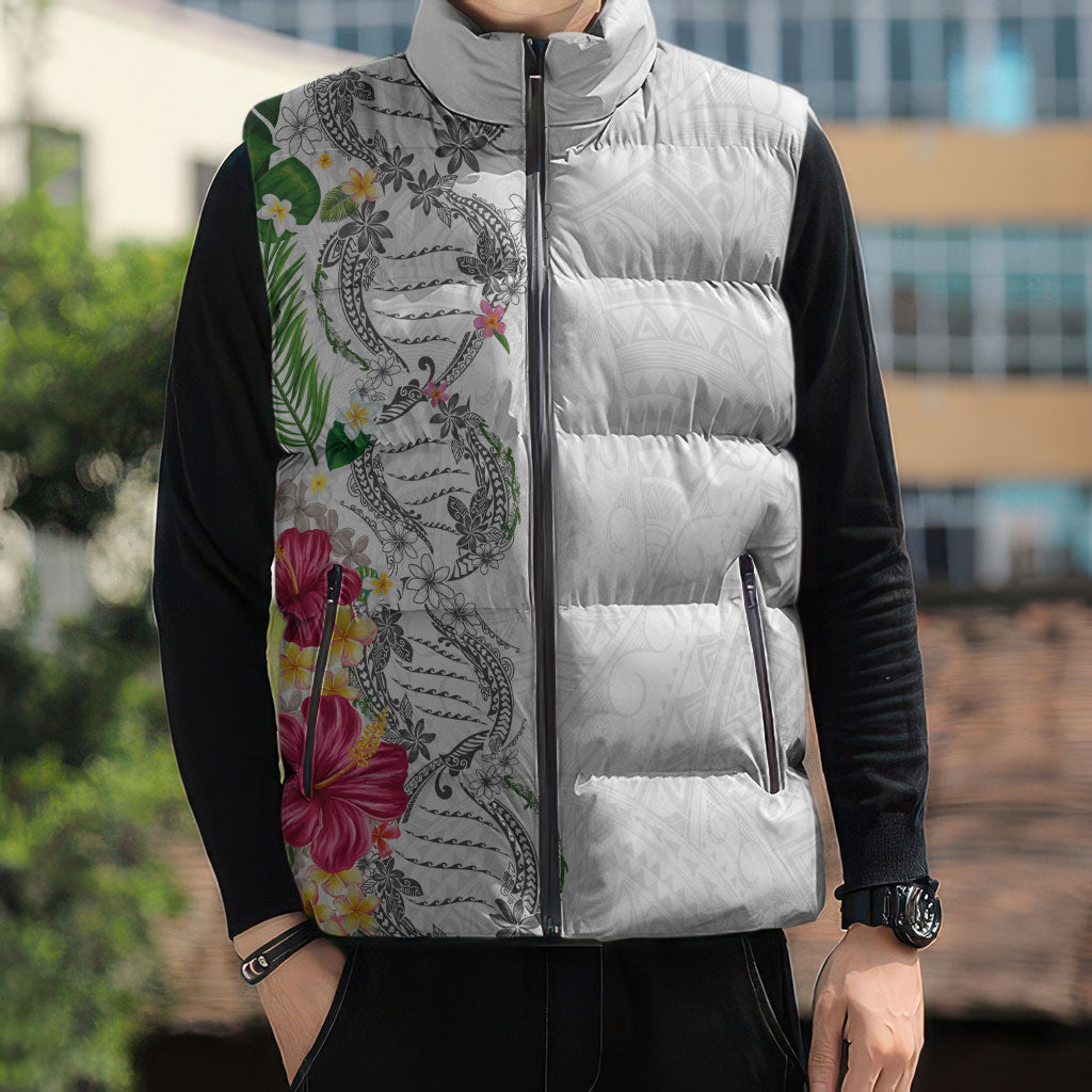Hawaii DNA Kakau Tattoo Sleeveless Puffer Jacket with Plumeria and Hibiscus Tropical Plants White Color