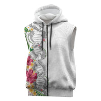 Hawaii DNA Kakau Tattoo Sleeveless Zip Hoodie with Plumeria and Hibiscus Tropical Plants White Color