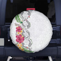 Hawaii DNA Kakau Tattoo Spare Tire Cover with Plumeria and Hibiscus Tropical Plants White Color