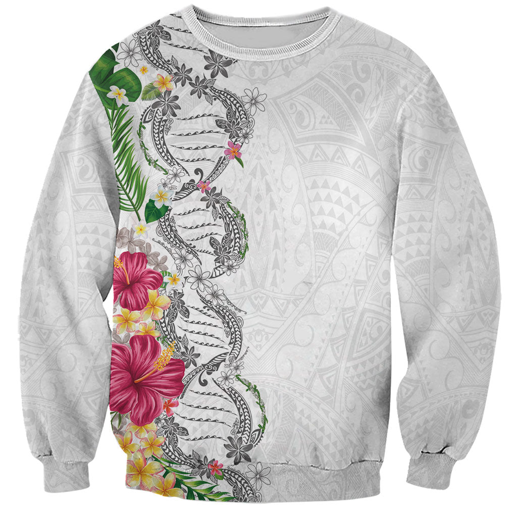 Hawaii DNA Kakau Tattoo Sweatshirt with Plumeria and Hibiscus Tropical Plants White Color LT03 Unisex White - Polynesian Pride