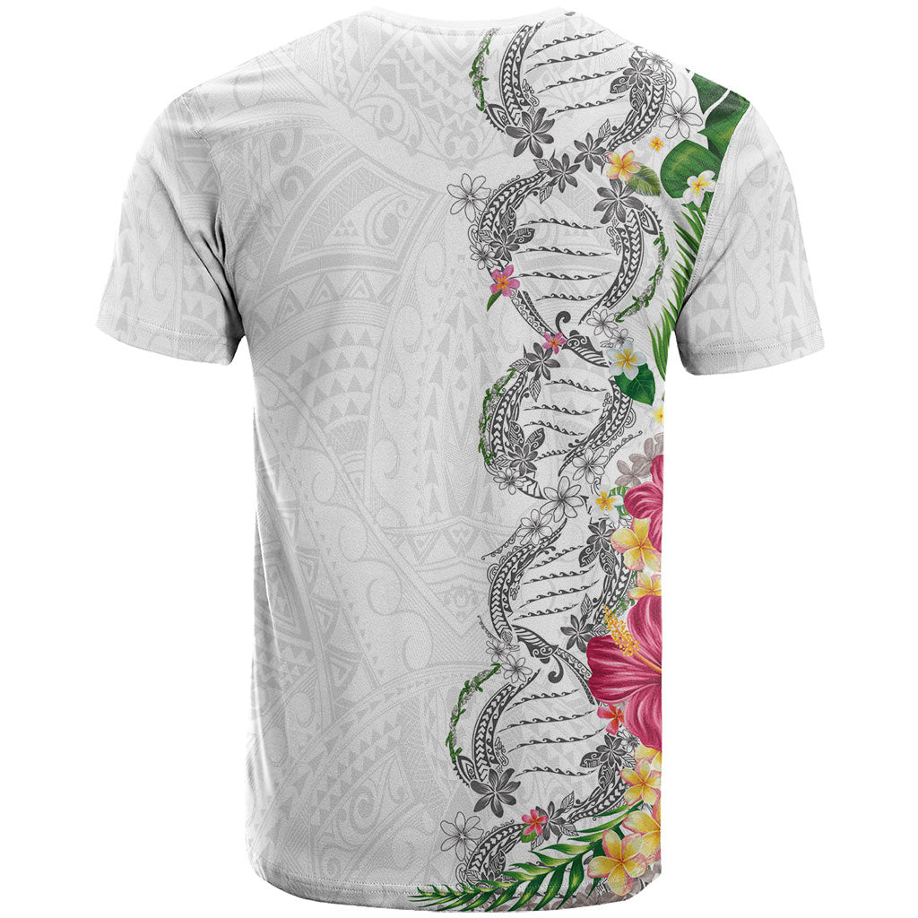 Hawaii DNA Kakau Tattoo T Shirt with Plumeria and Hibiscus Tropical Plants White Color