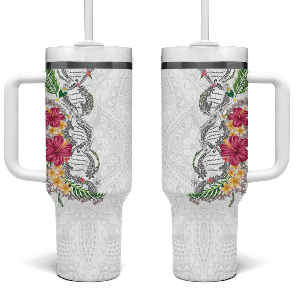 Hawaii DNA Kakau Tattoo Tumbler With Handle with Plumeria and Hibiscus Tropical Plants White Color