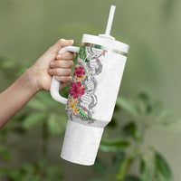 Hawaii DNA Kakau Tattoo Tumbler With Handle with Plumeria and Hibiscus Tropical Plants White Color