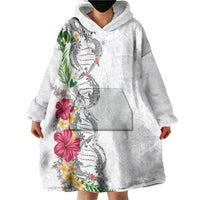 Hawaii DNA Kakau Tattoo Wearable Blanket Hoodie with Plumeria and Hibiscus Tropical Plants White Color