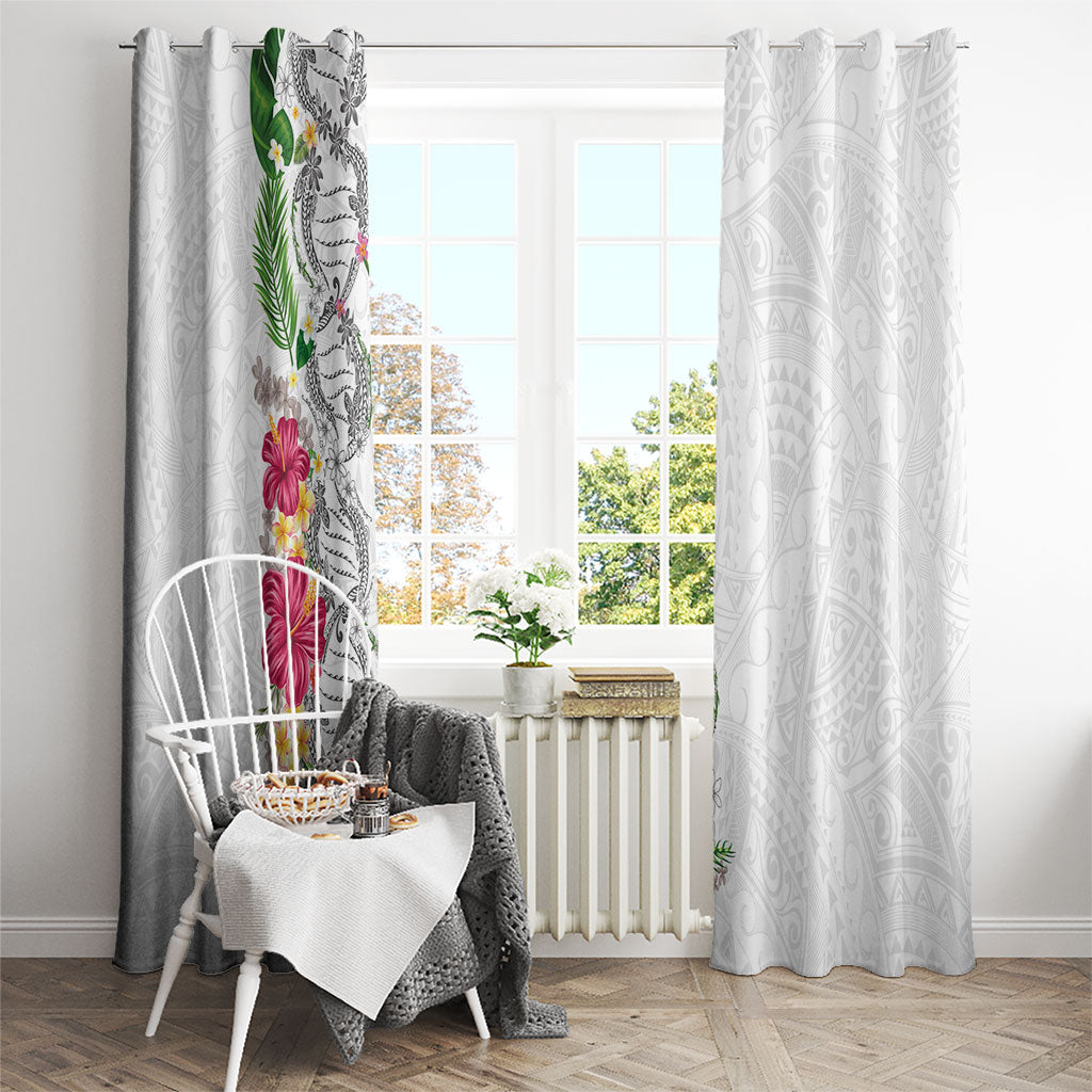 Hawaii DNA Kakau Tattoo Window Curtain with Plumeria and Hibiscus Tropical Plants White Color