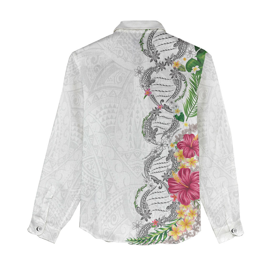Hawaii DNA Kakau Tattoo Women Casual Shirt with Plumeria and Hibiscus Tropical Plants White Color